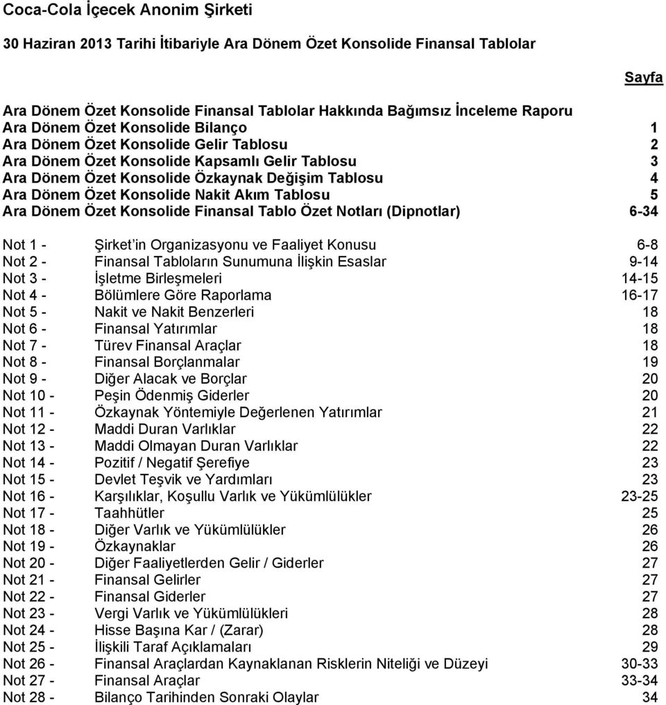 Notları (Dipnotlar) 6-34 Not 1 - Şirket in Organizasyonu ve Faaliyet Konusu 6-8 Not 2 - Finansal Tabloların Sunumuna İlişkin Esaslar 9-14 Not 3 - İşletme Birleşmeleri 14-15 Not 4 - Bölümlere Göre