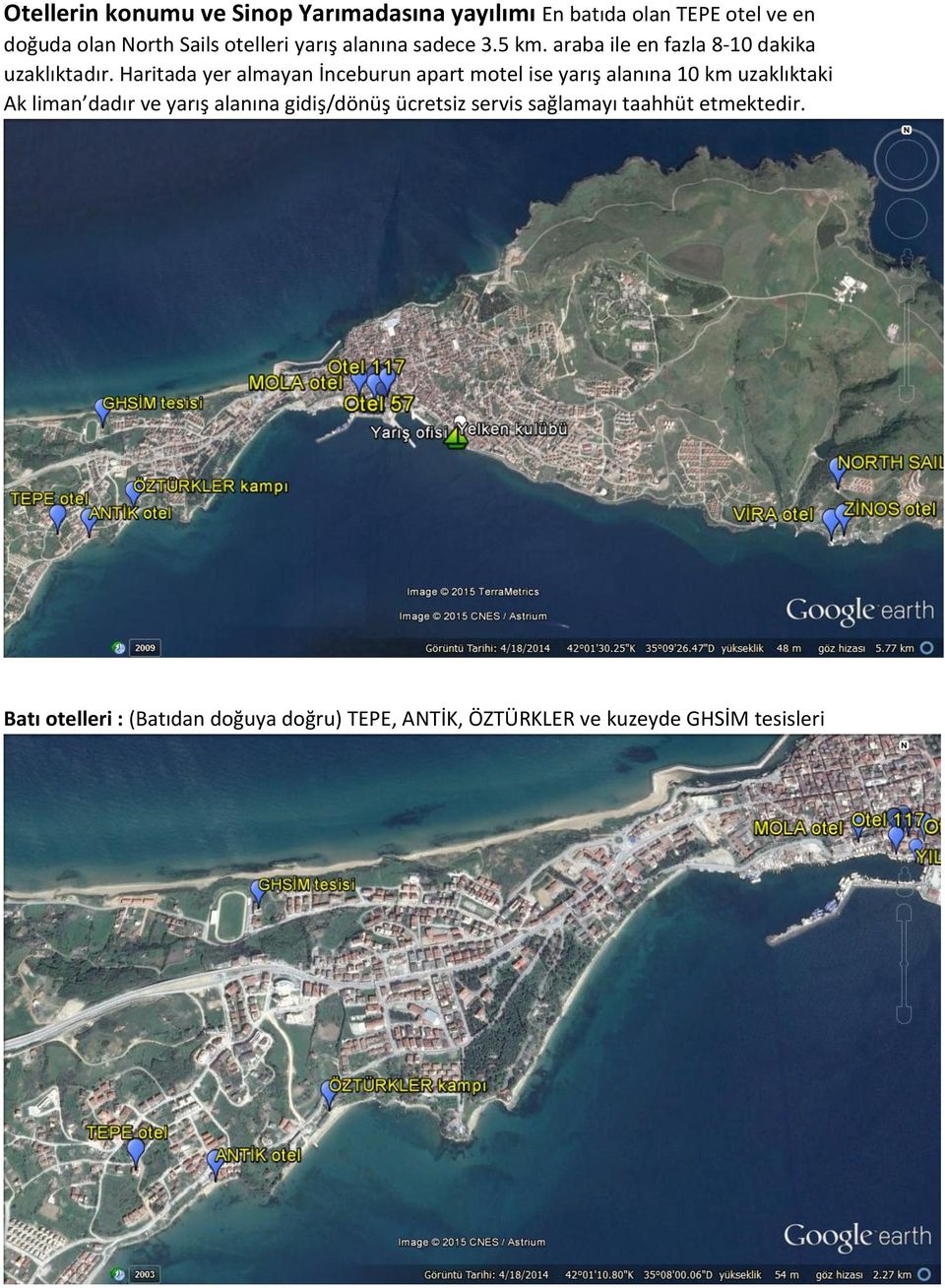 Haritada yer almayan İnceburun apart motel ise yarış alanına 10 km uzaklıktaki Ak liman dadır ve yarış alanına