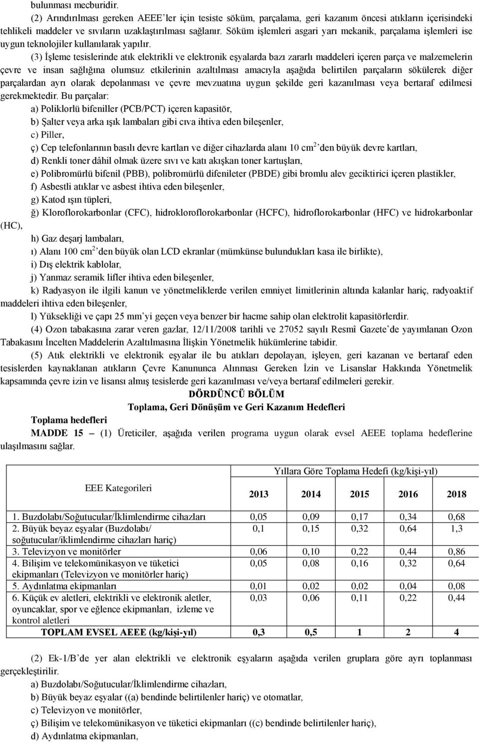 (3) ĠĢleme tesislerinde atık elektrikli ve elektronik eģyalarda bazı zararlı maddeleri içeren parça ve malzemelerin çevre ve insan sağlığına olumsuz etkilerinin azaltılması amacıyla aģağıda