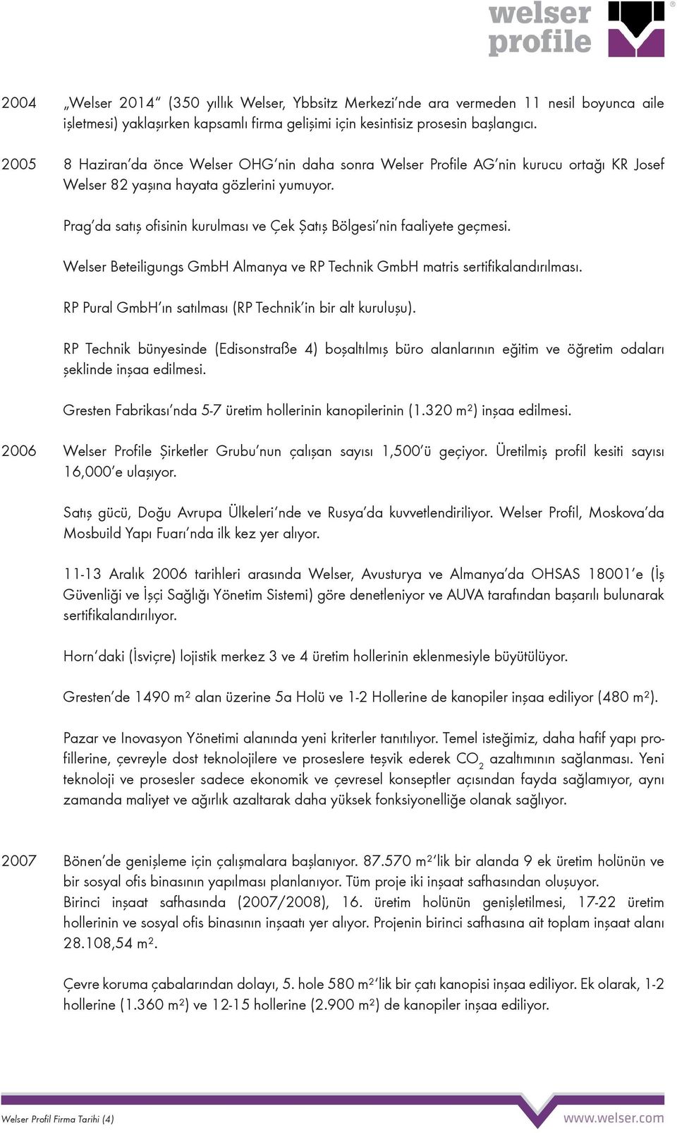 Prag da satış ofisinin kurulması ve Çek Şatış Bölgesi nin faaliyete geçmesi. Welser Beteiligungs GmbH Almanya ve RP Technik GmbH matris sertifikalandırılması.