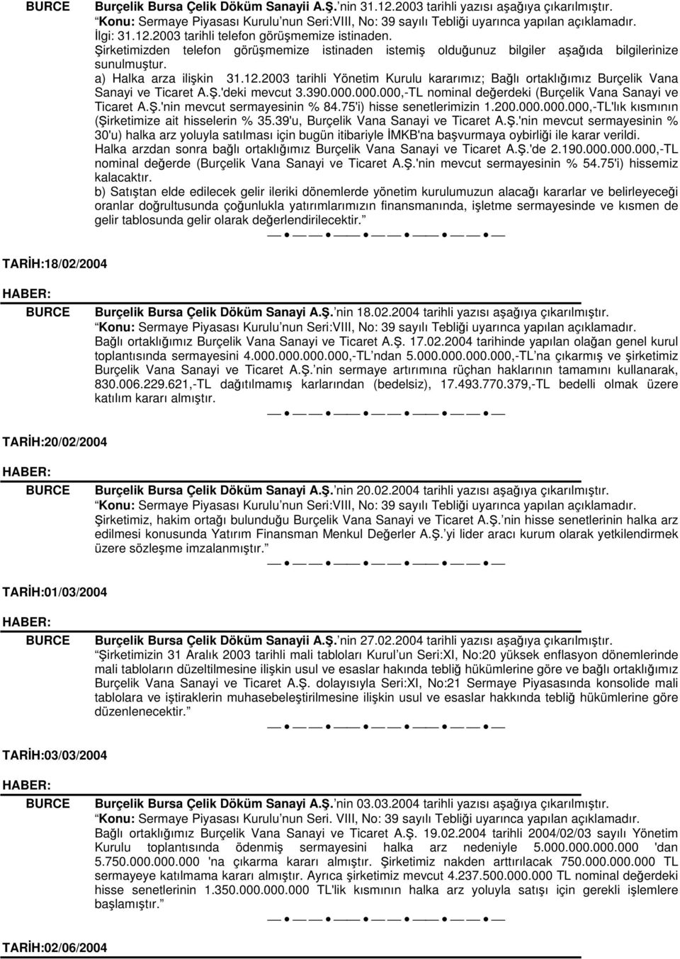 2003 tarihli Yönetim Kurulu kararımız; Balı ortaklıımız Burçelik Vana Sanayi ve Ticaret A..'deki mevcut 3.390.000.000.000,-TL nominal deerdeki (Burçelik Vana Sanayi ve Ticaret A.