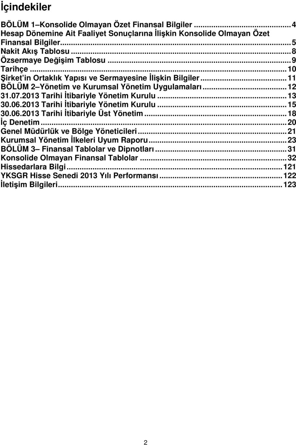 2013 Tarihi İtibariyle Yönetim Kurulu... 13 30.06.2013 Tarihi İtibariyle Yönetim Kurulu... 15 30.06.2013 Tarihi İtibariyle Üst Yönetim... 18 İç Denetim... 20 Genel Müdürlük ve Bölge Yöneticileri.