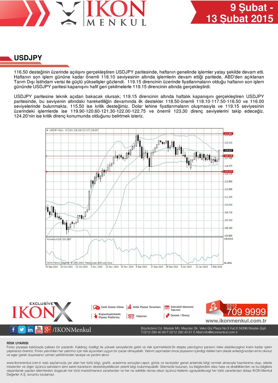 15 direncinin üzerinde fiyatlanmaların olduğu haftanın son işlem gününde USDJPY paritesi kapanışını hafif geri çekilmelerle 119.15 direncinin altında gerçekleştirdi.