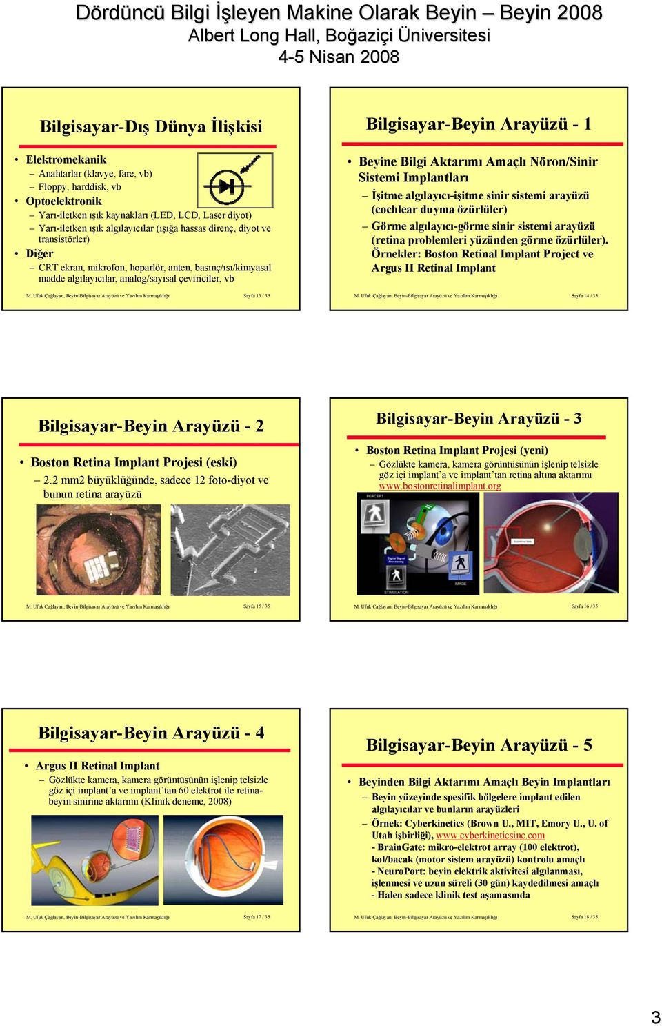 Bilgi Aktarımı Amaçlı Nöron/Sinir Sistemi Implantları İşitme algılayıcı-işitme sinir sistemi arayüzü (cochlear duyma özürlüler) Görme algılayıcı-görme sinir sistemi arayüzü (retina problemleri