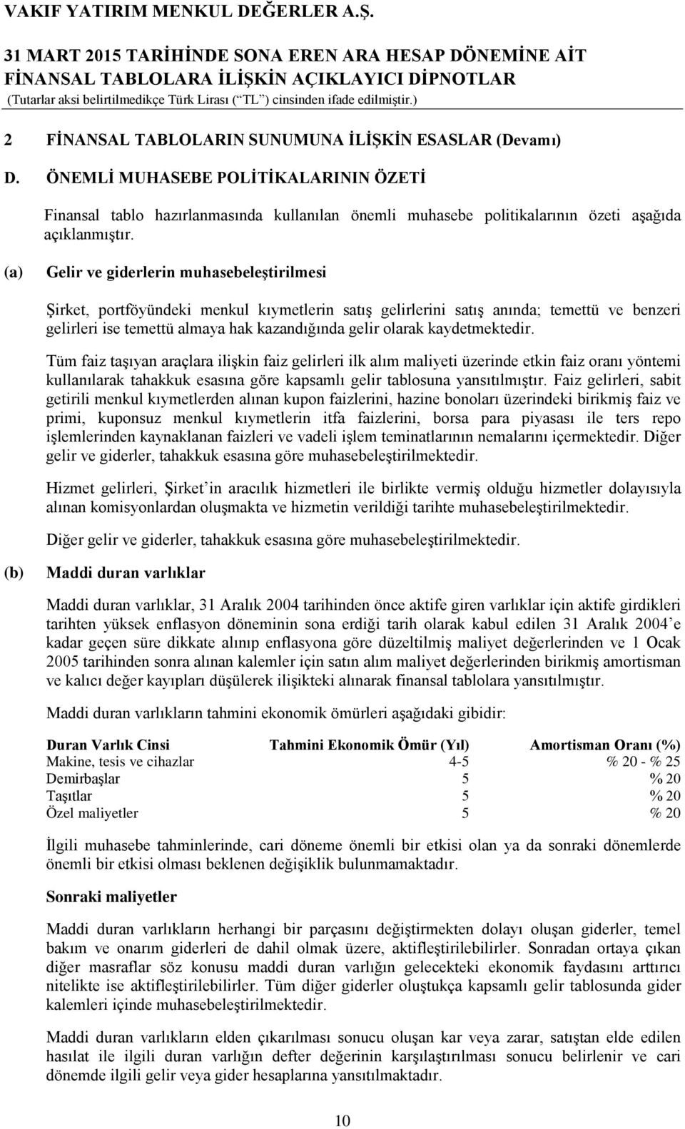 kaydetmektedir. Tüm faiz taşıyan araçlara ilişkin faiz gelirleri ilk alım maliyeti üzerinde etkin faiz oranı yöntemi kullanılarak tahakkuk esasına göre kapsamlı gelir tablosuna yansıtılmıştır.