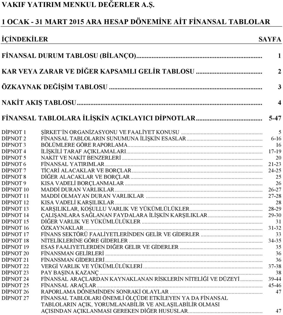 .. 16 DİPNOT 4 İLİŞKİLİ TARAF AÇIKLAMALARI... 17-19 DİPNOT 5 NAKİT VE NAKİT BENZERLERİ... 20 DİPNOT 6 FİNANSAL YATIRIMLAR... 21-23 DİPNOT 7 TİCARİ ALACAKLAR VE BORÇLAR.