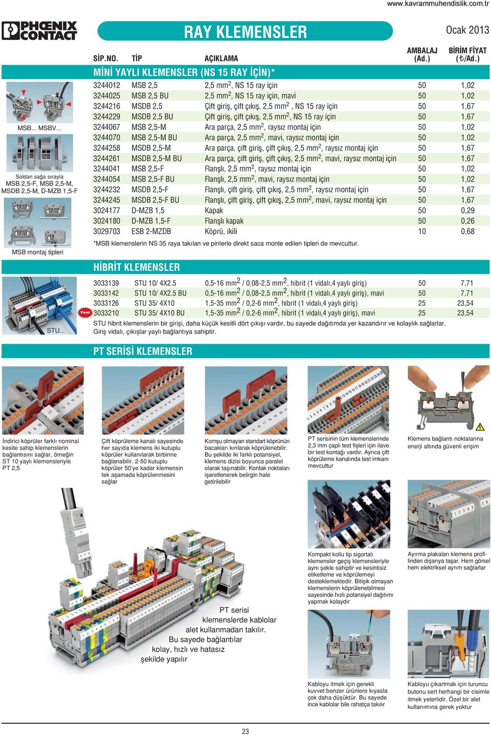 mm 2, NS 5 ray için, mavi 324426 MSDB 2,5 Çift girifl, çift ç k fl, 2,5 mm 2, NS 5 ray için 3244229 MSDB 2,5 BU Çift girifl, çift ç k fl, 2,5 mm 2, NS 5 ray için 3244067 MSB 2,5-M Ara parça, 2,5 mm