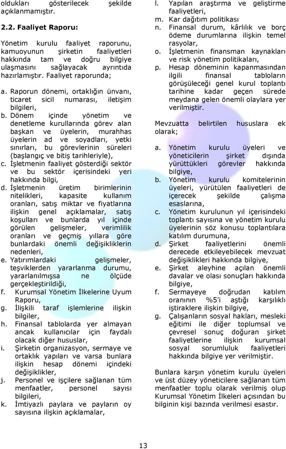 Raporun dönemi, ortaklığın ünvanı, ticaret sicil numarası, iletişim bilgileri, b.