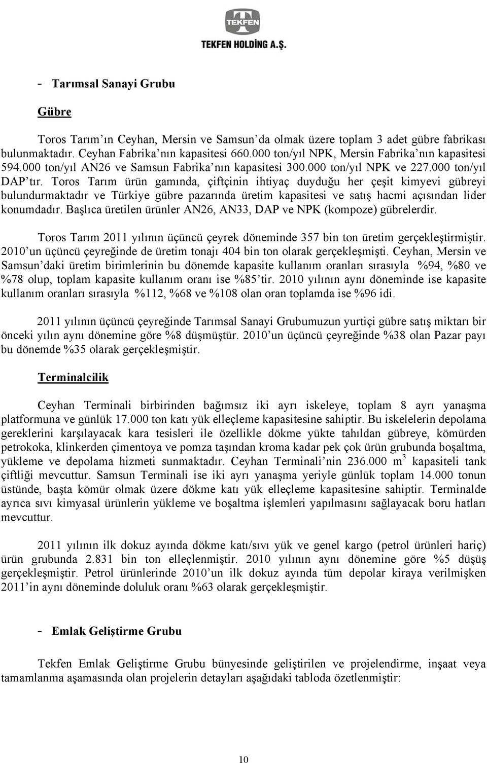 Toros Tarım ürün gamında, çiftçinin ihtiyaç duyduğu her çeşit kimyevi gübreyi bulundurmaktadır ve Türkiye gübre pazarında üretim kapasitesi ve satış hacmi açısından lider konumdadır.