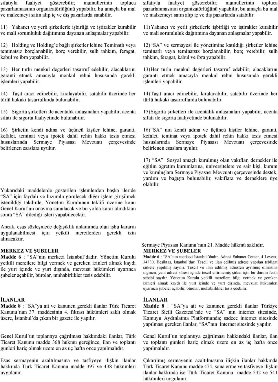 12) Holding ve Holding e bağlı şirketler lehine Teminatlı veya teminatsız borçlanabilir, borç verebilir, sulh tahkim, feragat, kabul ve ibra yapabilir.