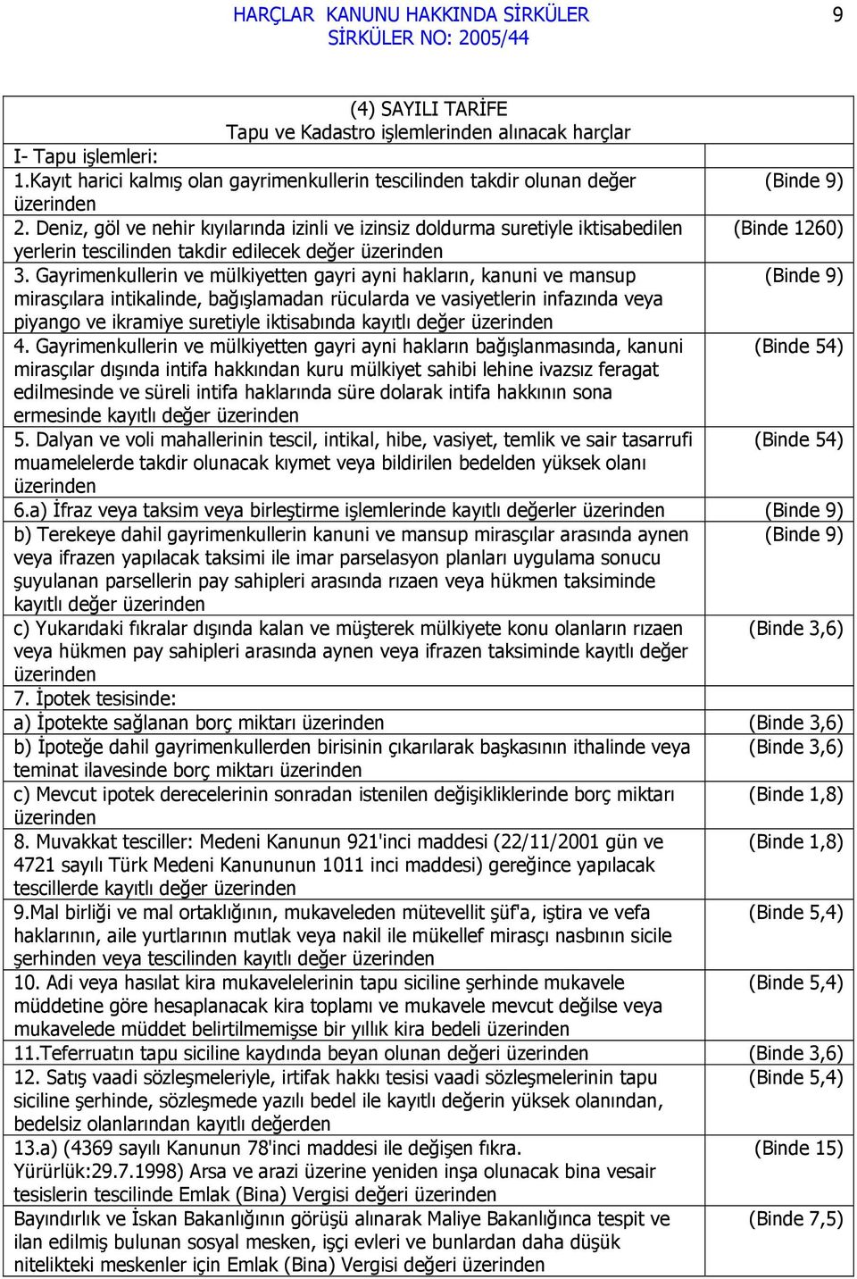 Gayrimenkullerin ve mülkiyetten gayri ayni hakların, kanuni ve mansup (Binde 9) mirasçılara intikalinde, bağışlamadan rücularda ve vasiyetlerin infazında veya piyango ve ikramiye suretiyle