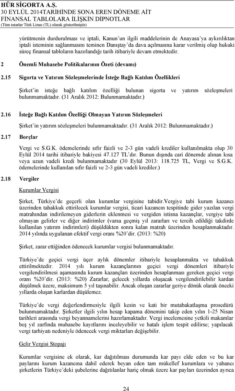 15 Sigorta ve Yatırım Sözleşmelerinde İsteğe Bağlı Katılım Özellikleri Şirket in isteğe bağlı katılım özelliği bulunan sigorta ve yatırım sözleşmeleri bulunmamaktadır.