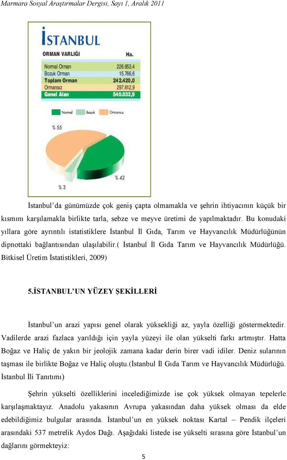 Bitkisel Üretim İstatistikleri, 2009) 5.ĠSTANBUL UN YÜZEY ġekġllerġ İstanbul un arazi yapısı genel olarak yüksekliği az, yayla özelliği göstermektedir.
