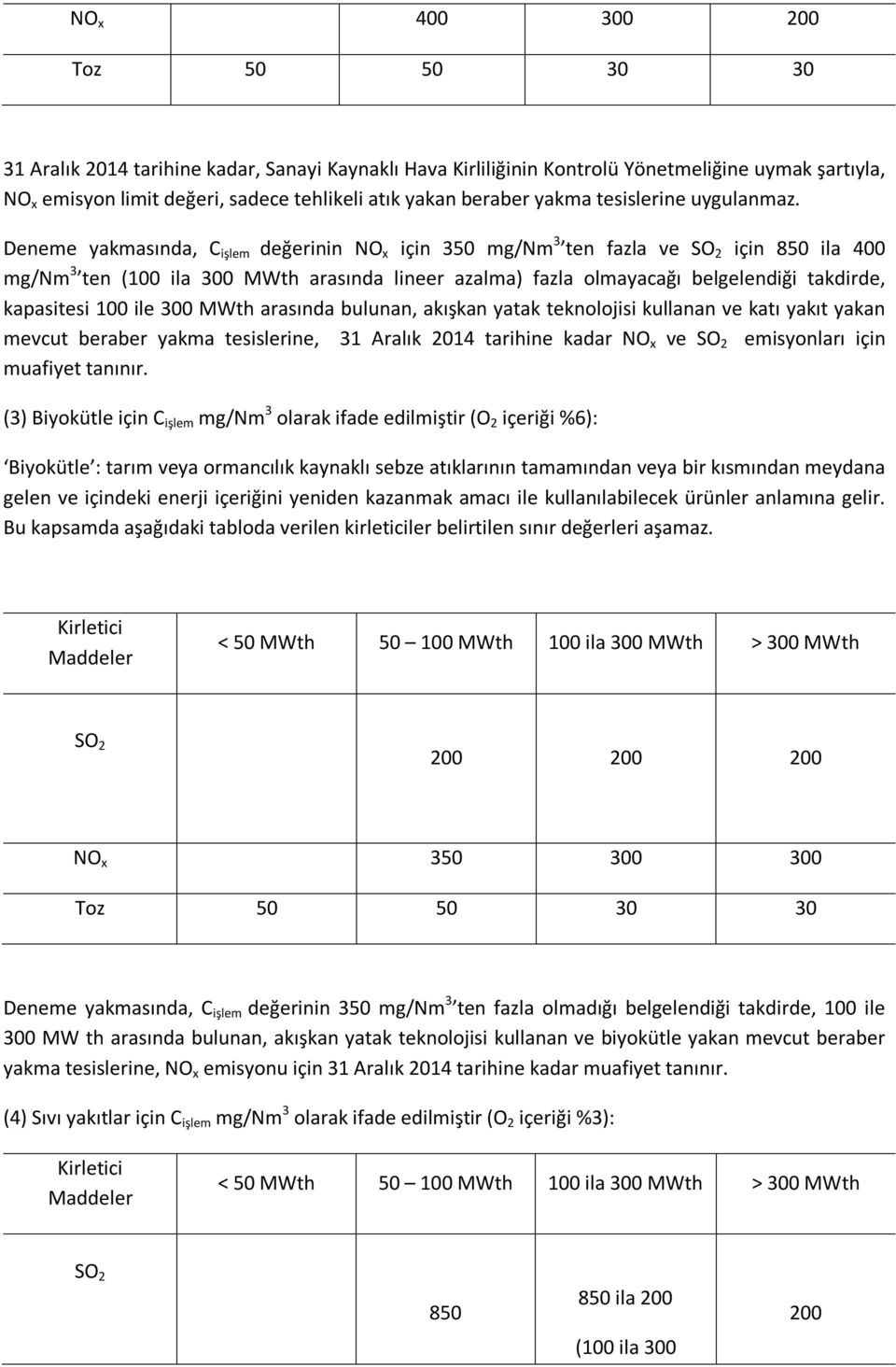 Deneme yakmasında, C işlem değerinin NO x için 350 mg/nm 3 ten fazla ve SO 2 için 850 ila 400 mg/nm 3 ten (100 ila 300 MWth arasında lineer azalma) fazla olmayacağı belgelendiği takdirde, kapasitesi