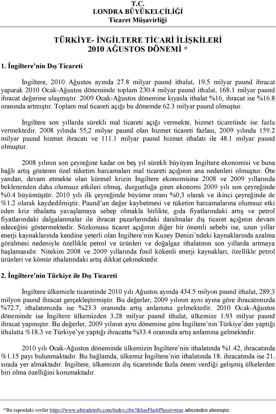 2009 Ocak-Ağustos dönemine kıyasla ithalat %16, ihracat ise %16.8 oranında artmıştır. Toplam mal ticareti açığı bu dönemde 62.3 milyar paund olmuştur.