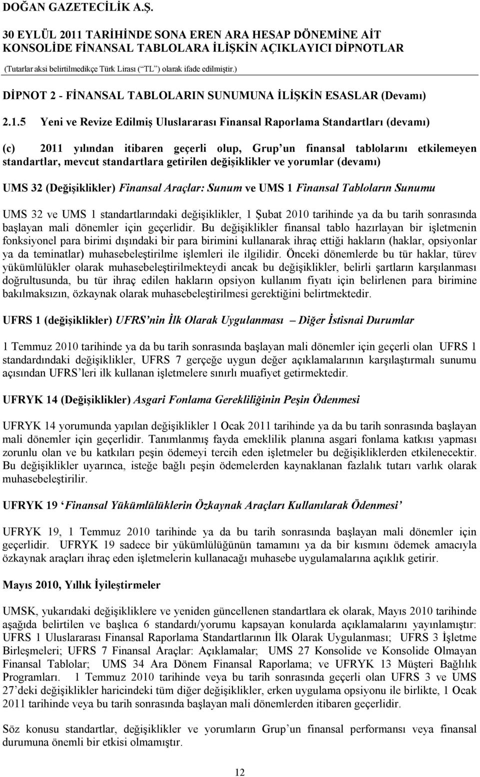 TARİHİNDE SONA EREN ARA HESAP DÖNEMİNE AİT KONSOLİDE FİNANSAL TABLOLARA İLİŞKİN AÇIKLAYICI DİPNOTLAR DİPNOT 2 - FİNANSAL TABLOLARIN SUNUMUNA İLİŞKİN ESASLAR (Devamı) 2.1.