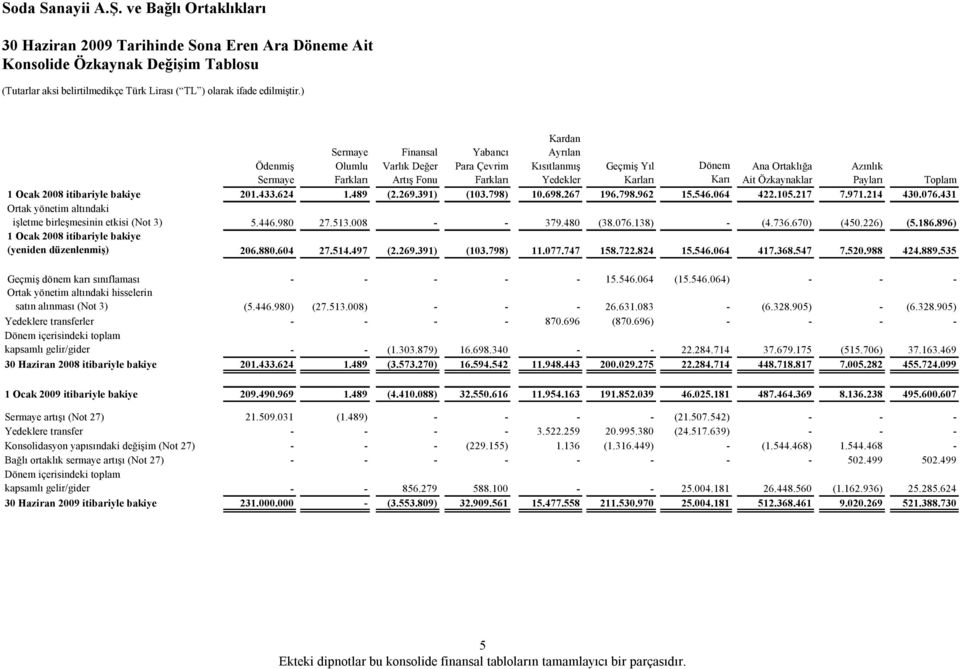 431 Ortak yönetim altındaki işletme birleşmesinin etkisi (Not 3) 5.446.980 27.513.008 - - 379.480 (38.076.138) - (4.736.670) (450.226) (5.186.