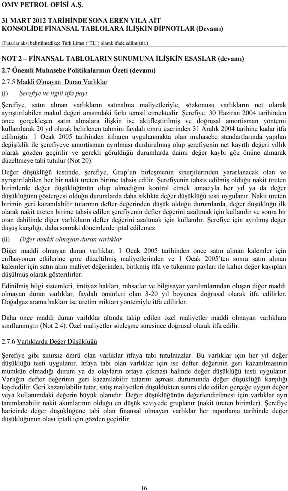 5 Maddi Olmayan Duran Varlıklar (i) Şerefiye ve ilgili itfa payı ġerefiye, satın alınan varlıkların satınalma maliyetleriyle, sözkonusu varlıkların net olarak ayrıģtırılabilen makul değeri arasındaki