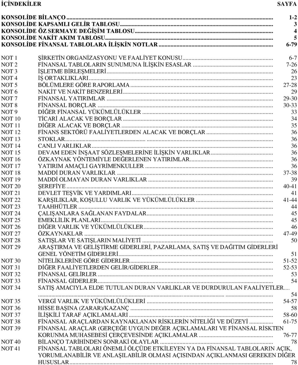 .. 23 NOT 5 BÖLÜMLERE GÖRE RAPORLAMA... 27-28 NOT 6 NAKĠT VE NAKĠT BENZERLERĠ... 29 NOT 7 FĠNANSAL YATIRIMLAR... 29-30 NOT 8 FĠNANSAL BORÇLAR... 30-33 NOT 9 DĠĞER FĠNANSAL YÜKÜMLÜLÜKLER.