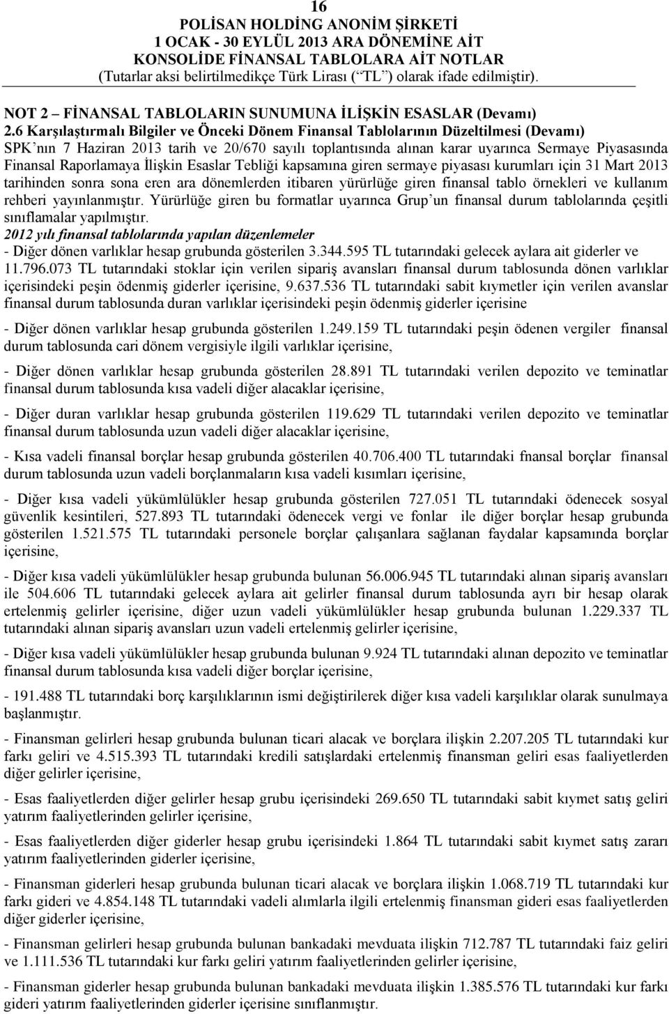 Raporlamaya İlişkin Esaslar Tebliği kapsamına giren sermaye piyasası kurumları için 31 Mart 2013 tarihinden sonra sona eren ara dönemlerden itibaren yürürlüğe giren finansal tablo örnekleri ve