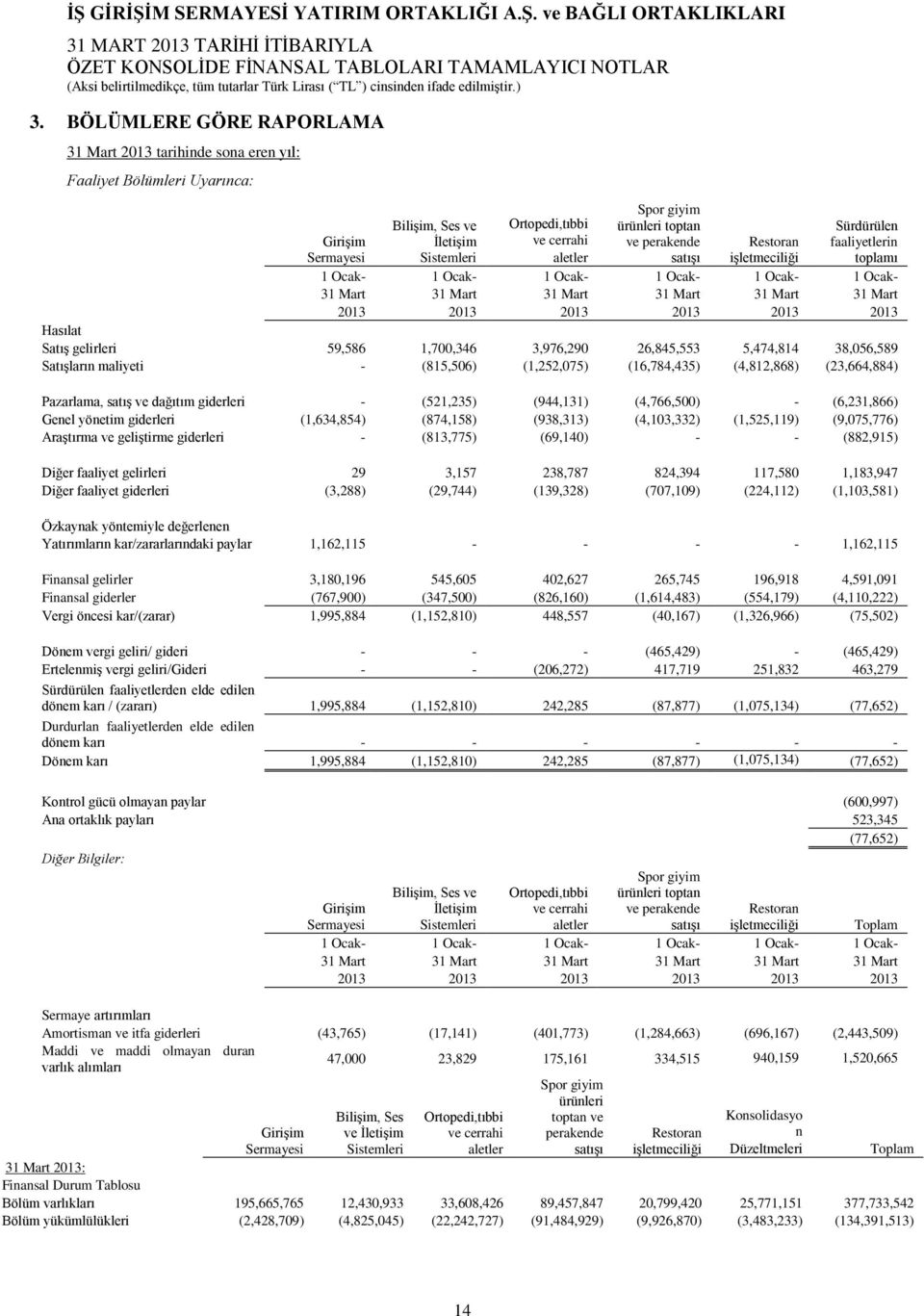 2013 2013 2013 2013 Hasılat SatıĢ gelirleri 59,586 1,700,346 3,976,290 26,845,553 5,474,814 38,056,589 SatıĢların maliyeti - (815,506) (1,252,075) (16,784,435) (4,812,868) (23,664,884) Pazarlama,