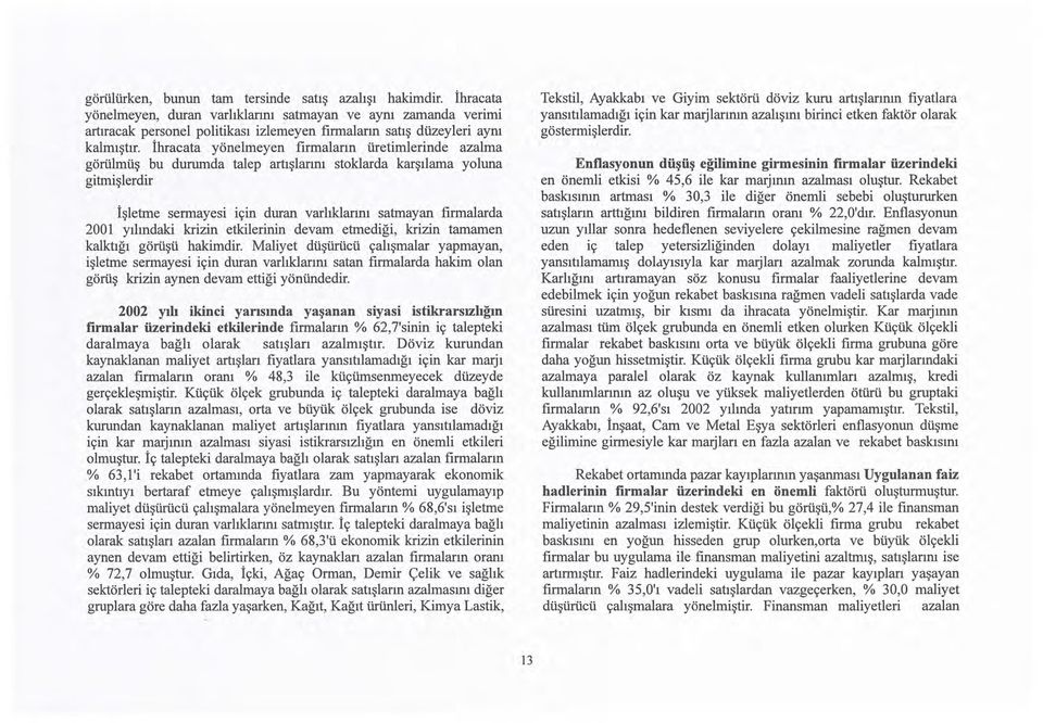 İhracata yönelmeyen firmaların üretimlerinde azalma görülmüş bu durumda talep artışlarını stklarda karşılama yluna gitmişlerdir İşletme sermayesi için duran varlıklarını satmayan firmalarda 2001