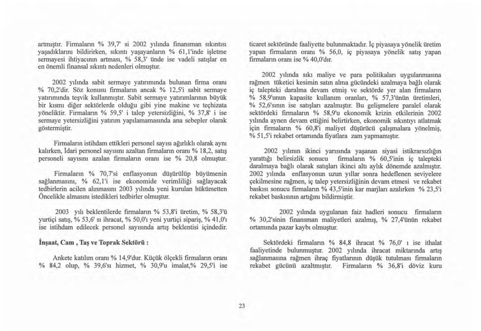 önemli finansal sıkıntı nedenleri lmuştur. 2002 yılında sabit sermaye yatırımında bulunan firma ram % 70,2'dir. Söz knusu firmaların ancak % ı2,5'i sabit sermaye yatırımında teşvik kullanmıştır.