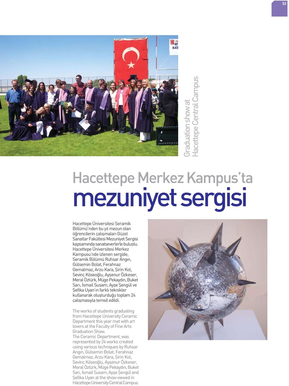 Hacettepe Üniversitesi Merkez Kampusu nde izlenen sergide, Seramik Bölümü Ruhsar Ang n, Gülsemin Bolat, Ferahnaz Gemalmaz, Arzu Kara, fiirin Kol, Sevinç Köseo lu, Ayflenur Özkeser, Meral Öztürk, Müge