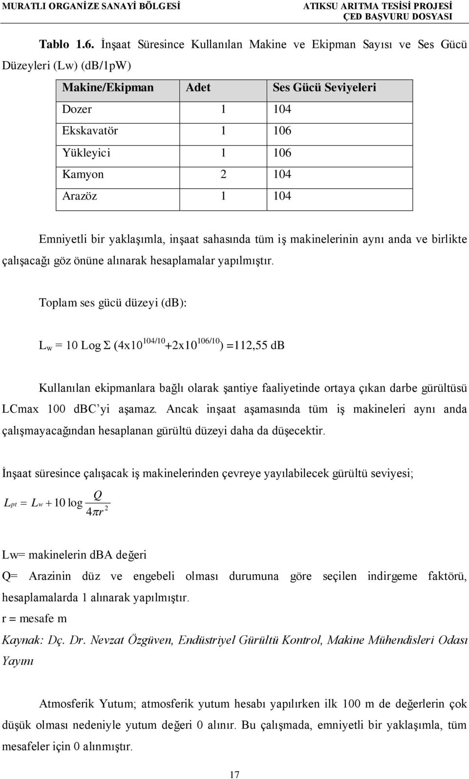 Emniyetli bir yaklaşımla, inşaat sahasında tüm iş makinelerinin aynı anda ve birlikte çalışacağı göz önüne alınarak hesaplamalar yapılmıştır.