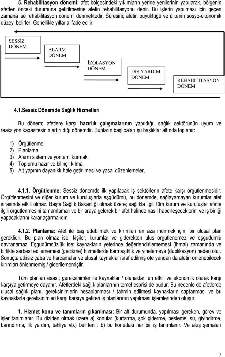 SESSİZ DÖNEM ALARM DÖNEM İZOLASYON DÖNEM DIŞ YARDIM DÖNEM REHABİTİTASYON DÖNEM 4.1.