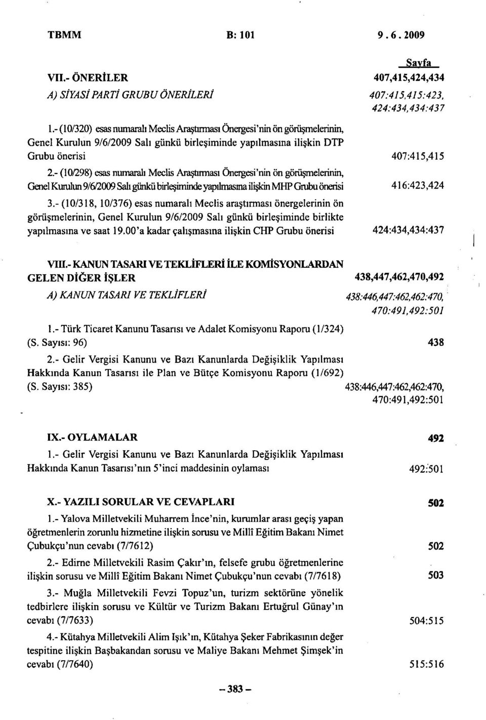 - (10/298) esas numaralı Meclis Araştırması Önergesi'nin ön görüşmelerinin, Genel Kumlun 9/672009 Sak günkü bmeşiminde yapılmasına ilişkin MHP Grubu önerisi 416:423,424 3.