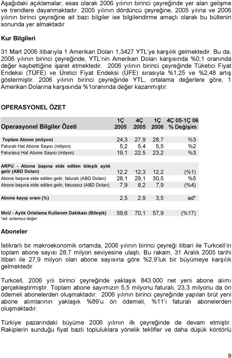 itibarıyla 1 Amerikan Doları 1,3427 YTL ye karşılık gelmektedir. Bu da, 2006 yılının birinci çeyreğinde, YTL nin Amerikan Doları karşısında %0,1 oranında değer kaybettiğine işaret etmektedir.