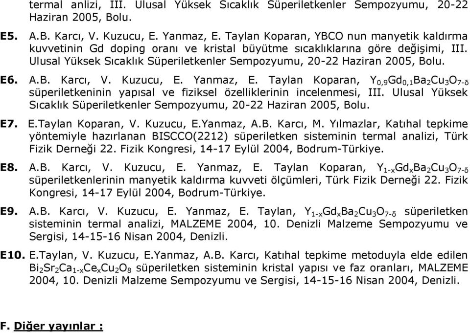 E6. A.B. Karcı, V. Kuzucu, E. Yanmaz, E. Taylan Koparan, Y 0,9 Gd 0,1 Ba 2 Cu 3 O 7-δ süperiletkeninin yapısal ve fiziksel özelliklerinin incelenmesi, III.