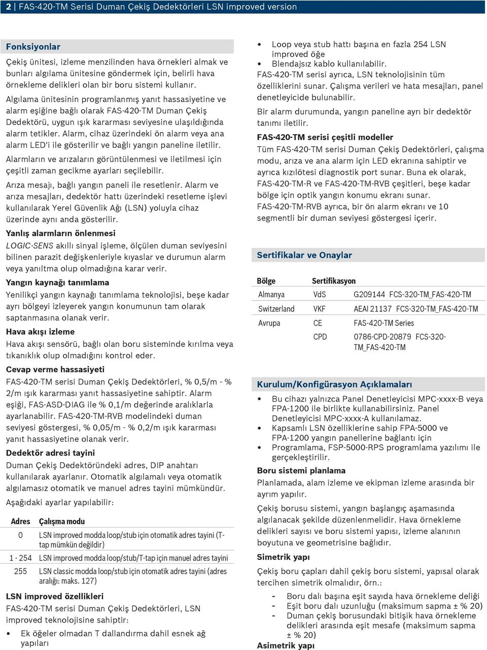 Algılama ünitesinin programlanmış yanıt hassasiyetine ve alarm eşiğine bağlı olarak FAS 420 TM Duman Çekiş Dedektörü, uygun ışık kararması seviyesine ulaşıldığında alarm tetikler.