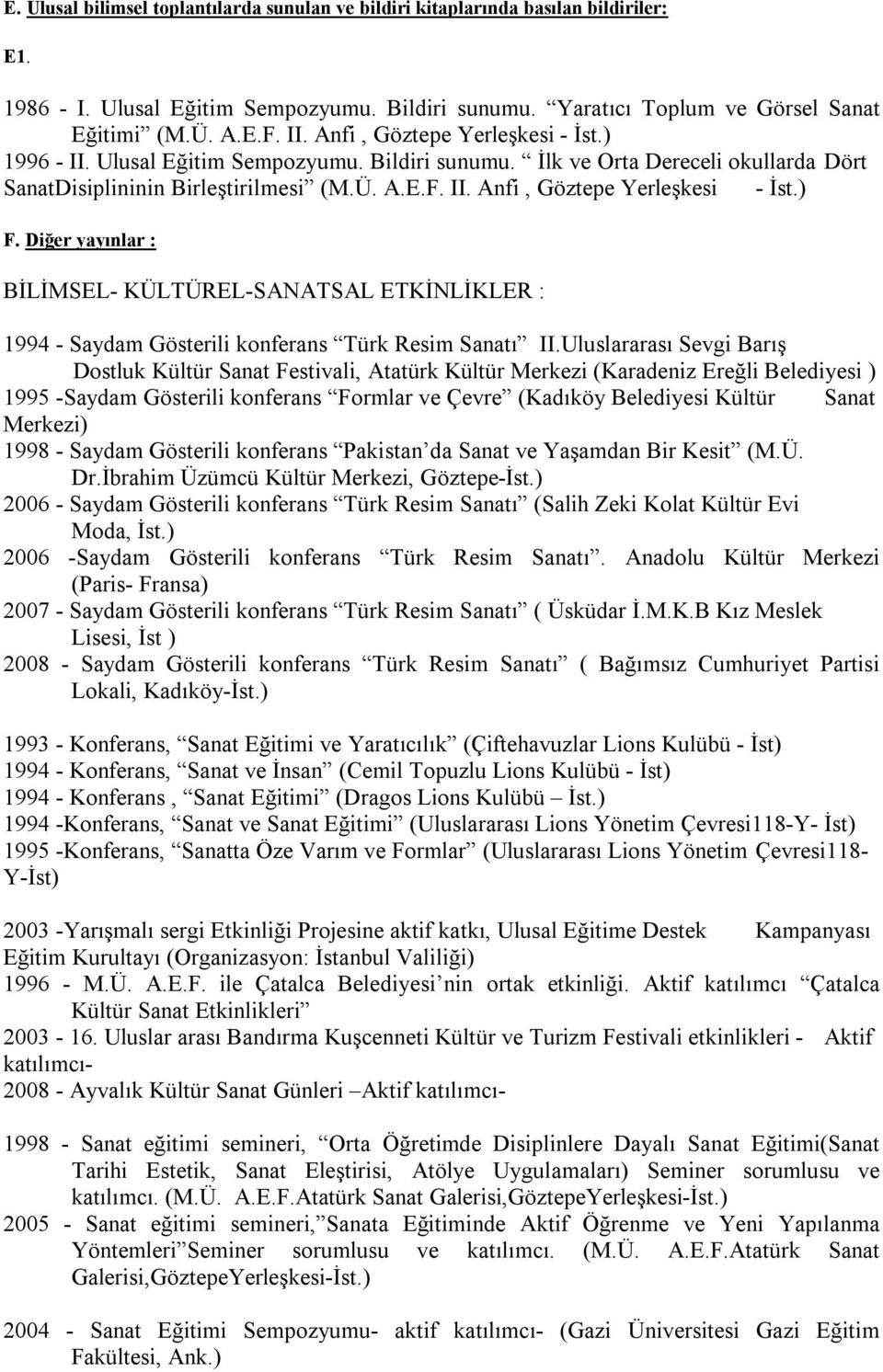 ) F. Diğer yayınlar : BİLİMSEL- KÜLTÜREL-SANATSAL ETKİNLİKLER : 1994 - Saydam Gösterili konferans Türk Resim Sanatı II.