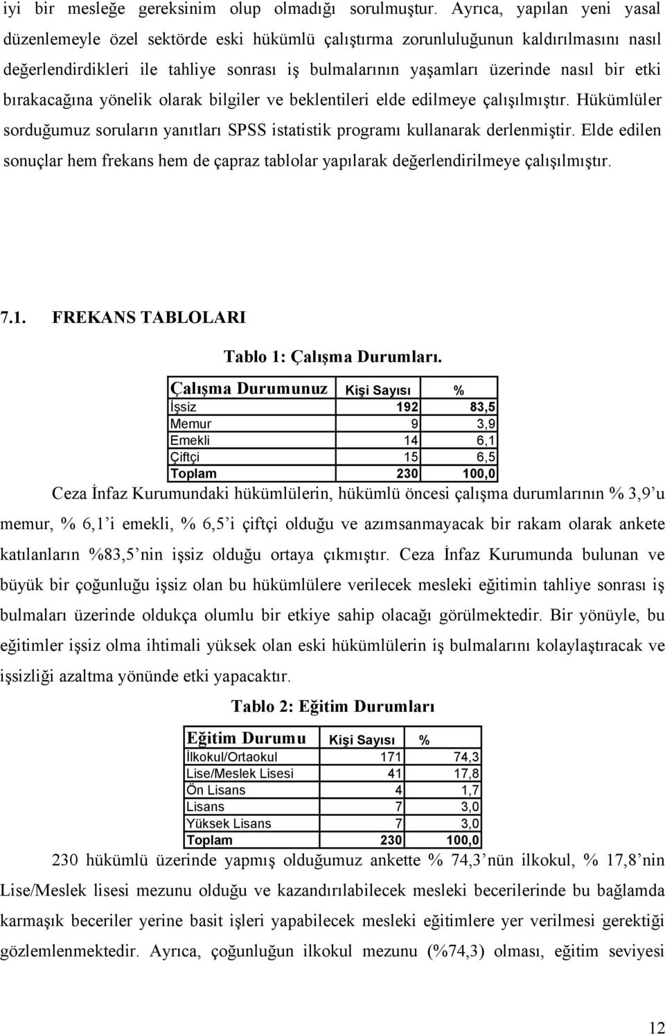 etki bırakacağına yönelik olarak bilgiler ve beklentileri elde edilmeye çalışılmıştır. Hükümlüler sorduğumuz soruların yanıtları SPSS istatistik programı kullanarak derlenmiştir.