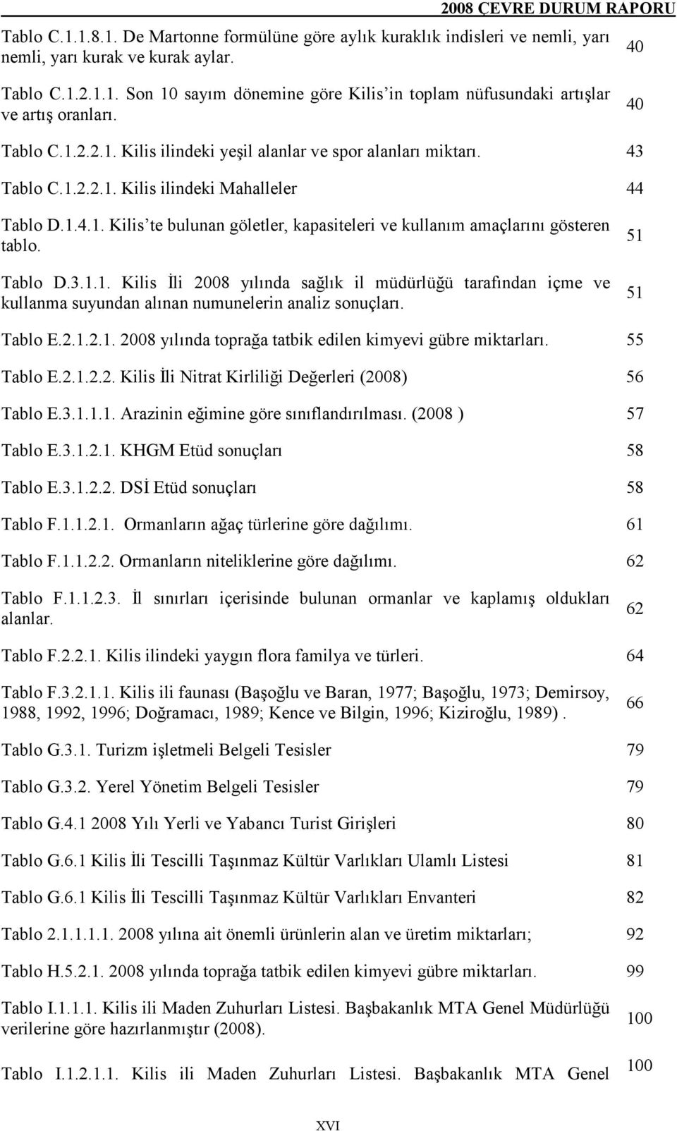 Tablo D.3.1.1. Kilis Đli 2008 yılında sağlık il müdürlüğü tarafından içme ve kullanma suyundan alınan numunelerin analiz sonuçları. 51 51 Tablo E.2.1.2.1. 2008 yılında toprağa tatbik edilen kimyevi gübre miktarları.