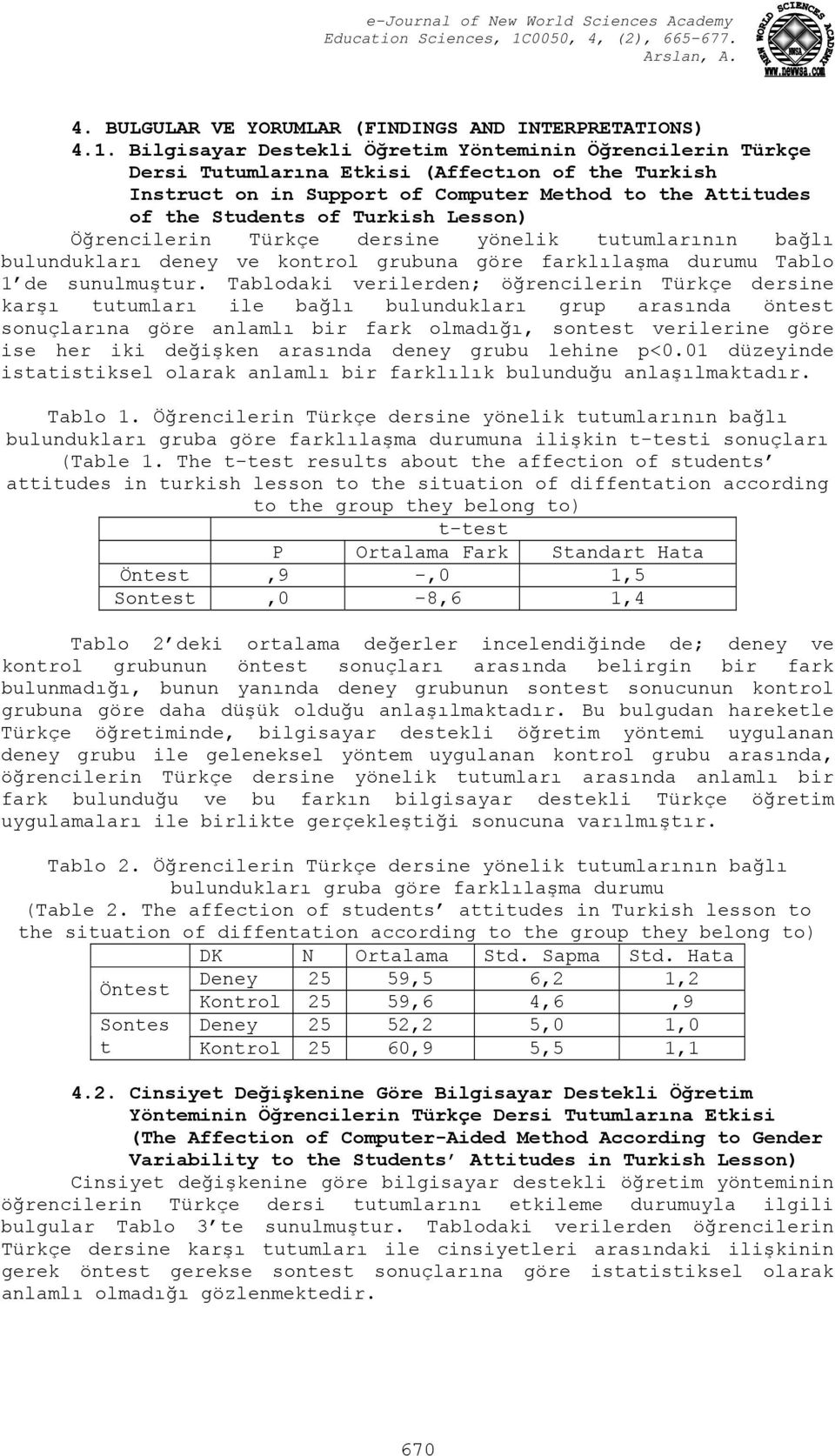 Lesson) Öğrencilerin Türkçe dersine yönelik tutumlarının bağlı bulundukları deney ve kontrol grubuna göre farklılaşma durumu Tablo 1 de sunulmuştur.