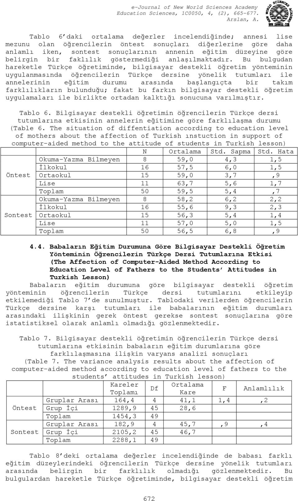 Bu bulgudan hareketle Türkçe öğretiminde, bilgisayar destekli öğretim yönteminin uygulanmasında öğrencilerin Türkçe dersine yönelik tutumları ile annelerinin eğitim durumu arasında başlangıçta bir