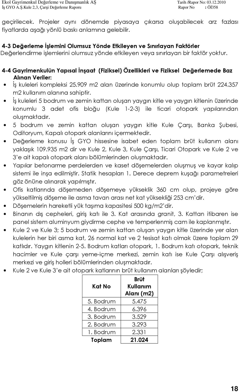 4-4 Gayrimenkulün Yapısal İnşaat (Fiziksel) Özellikleri ve Fiziksel Değerlemede Baz Alınan Veriler: İş kuleleri kompleksi 25.909 m2 alan üzerinde konumlu olup toplam brüt 224.