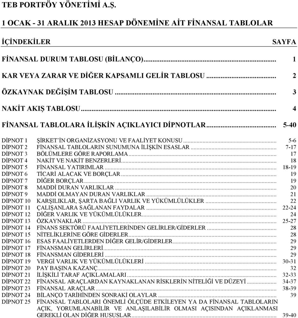 .. 17 DİPNOT 4 NAKİT VE NAKİT BENZERLERİ... 18 DİPNOT 5 FİNANSAL YATIRIMLAR... 18-19 DİPNOT 6 TİCARİ ALACAK VE BORÇLAR... 19 DİPNOT 7 DİĞER BORÇLAR... 19 DİPNOT 8 MADDİ DURAN VARLIKLAR.