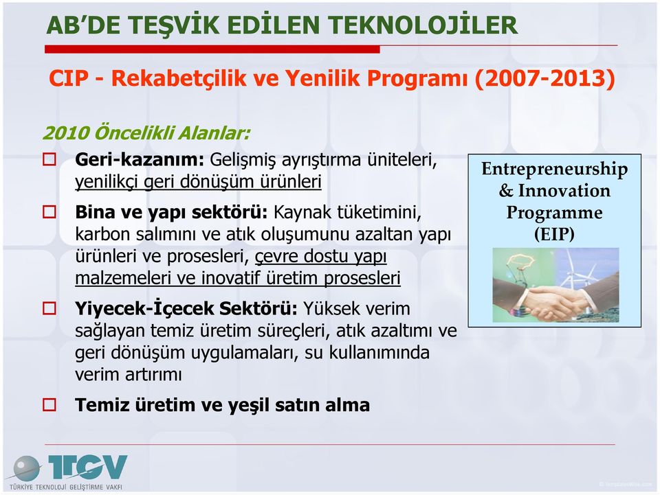 prosesleri, çevre dostu yapı malzemeleri ve inovatif üretim prosesleri Yiyecek-Đçecek Sektörü: Yüksek verim sağlayan temiz üretim süreçleri,