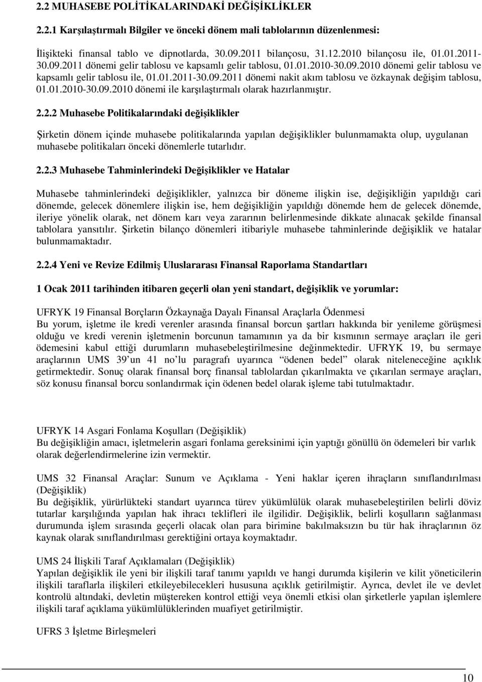 01.2010-30.09.2010 dönemi ile karşılaştırmalı olarak hazırlanmıştır. 2.2.2 Muhasebe Politikalarındaki değişiklikler Şirketin dönem içinde muhasebe politikalarında yapılan değişiklikler bulunmamakta olup, uygulanan muhasebe politikaları önceki dönemlerle tutarlıdır.