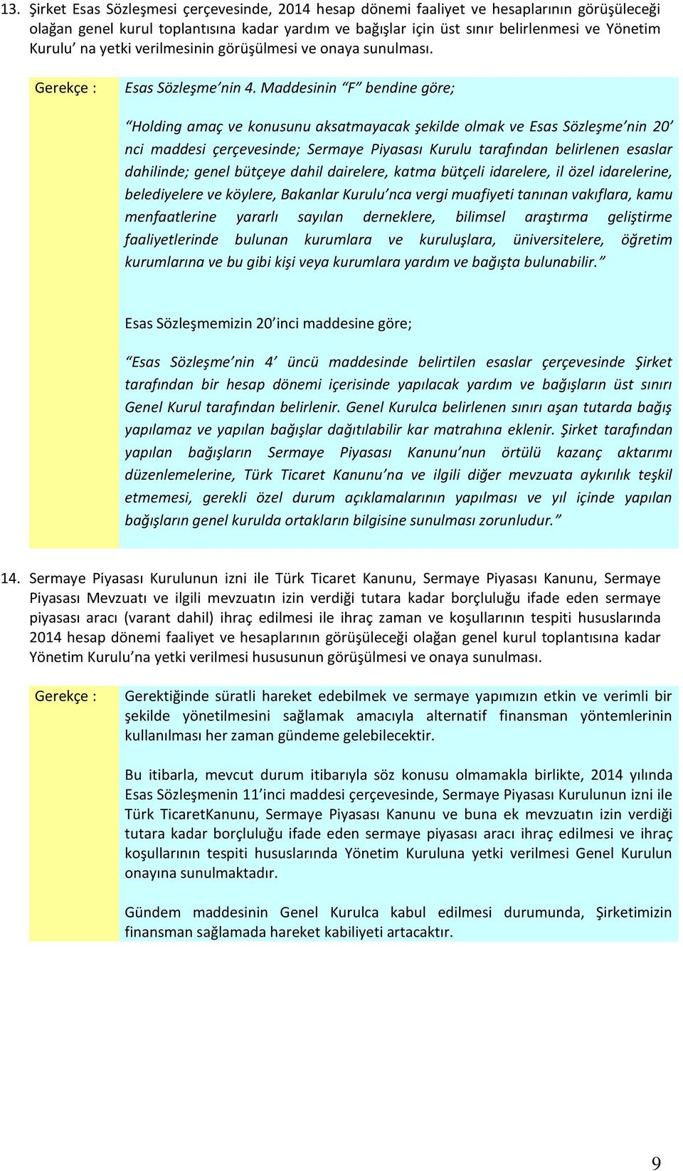 Maddesinin F bendine göre; Holding amaç ve konusunu aksatmayacak şekilde olmak ve Esas Sözleşme nin 20 nci maddesi çerçevesinde; Sermaye Piyasası Kurulu tarafından belirlenen esaslar dahilinde; genel