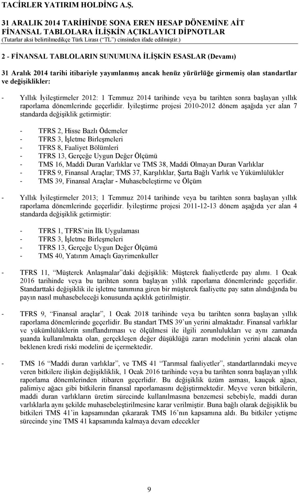 İyileştirme projesi 2010-2012 dönem aşağıda yer alan 7 standarda değişiklik getirmiştir: - TFRS 2, Hisse Bazlı Ödemeler - TFRS 3, İşletme Birleşmeleri - TFRS 8, Faaliyet Bölümleri - TFRS 13, Gerçeğe