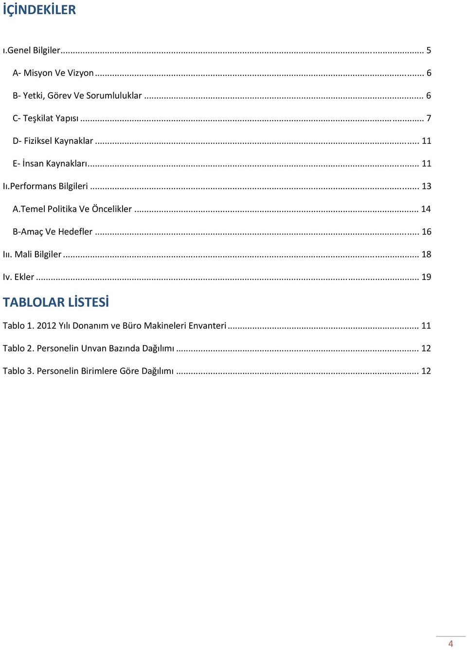 .. 14 B Amaç Ve Hedefler... 16 Iıı. Mali Bilgiler... 18 Iv. Ekler... 19 TABLOLAR LİSTESİ Tablo 1.