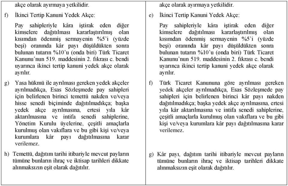 sonra bulunan tutarın %10 u (onda biri) Türk Ticaret Kanunu nun 519. maddesinin 2. fıkrası c. bendi uyarınca ikinci tertip kanuni yedek akçe olarak ayrılır.