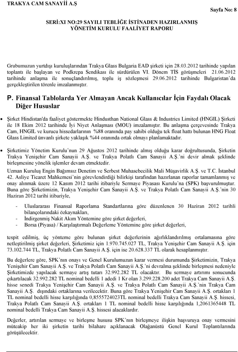 Finansal Tablolarda Yer Almayan Ancak Kullanıcılar İçin Faydalı Olacak Diğer Hususlar Şirket Hindistan'da faaliyet göstermekte Hindusthan National Glass & Industries Limited (HNGIL) Şirketi ile 18