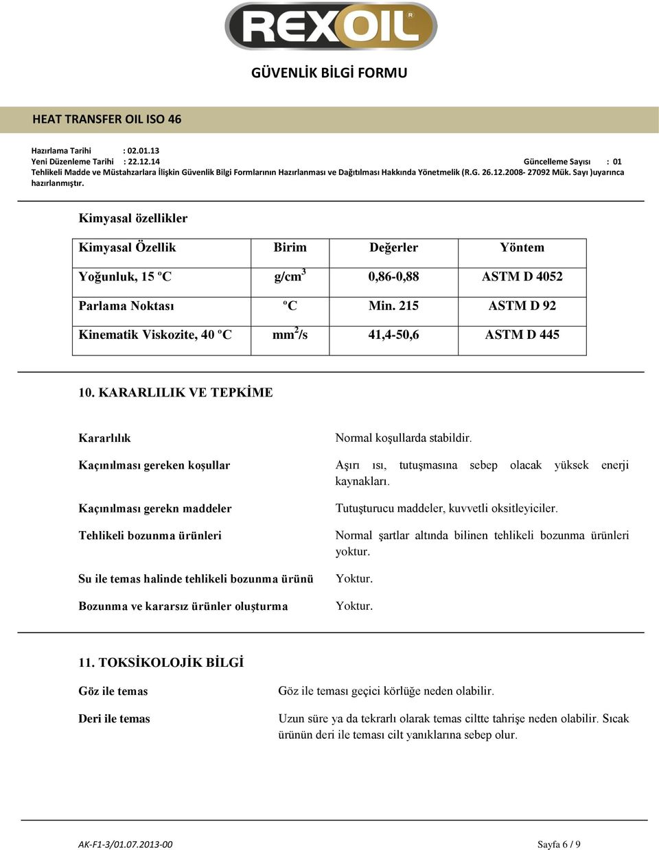 Kaçınılması gereken koşullar Aşırı ısı, tutuşmasına sebep olacak yüksek enerji kaynakları.