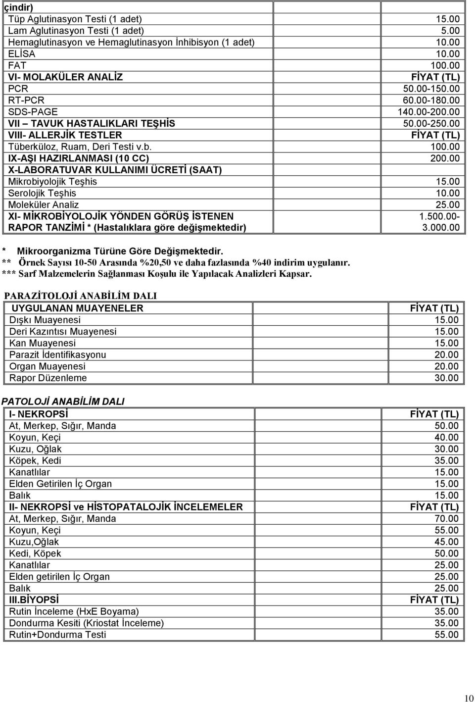 00 X-LABORATUVAR KULLANIMI ÜCRETĠ (SAAT) Mikrobiyolojik Teşhis 15.00 Serolojik Teşhis 10.00 Moleküler Analiz 25.